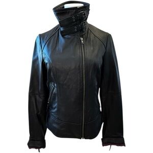 Calvin Klein Black Leather Funnel Collar High Neck Asymmetrical Moto Jacket XS